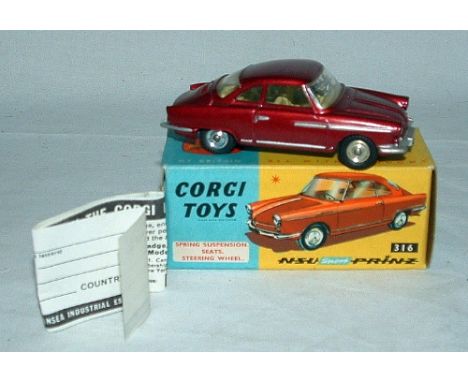 CORGI Toys 316 Metalic Red NSU Prinz. Mint with leaflet in an otherwise Mint Box marked 2/9d in pencil at one end.
