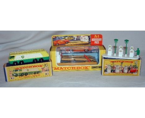 MATCHBOX A-1 Service Ramp (Mint in a Mint Windowbox) - A-1 Garage Pumps and Sign (Mint Pumps and Green Lamps but missing sign