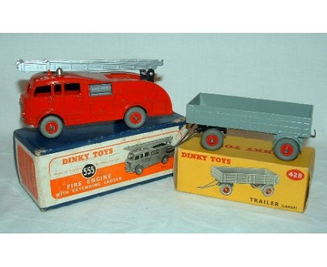 DINKY Toys x 2 - 428 Grey Large Trailer with Red Hubs and Grey Tyres (Excellent Boxed) and 555 Commer Fire Engine with Silver