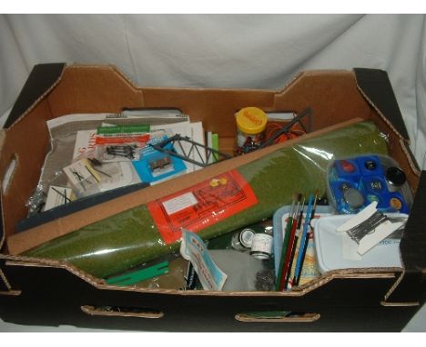 A Box of various Scenic materials, Paints, small brushes etc (many Mint packaged), 00 Scale Street/Platform Lights, switches 