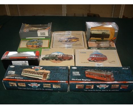 A collection of 10 x CORGI Buses and Coaches - 2 x 1:48 Scale Vintage Bus Lines Birney Safety Cars ccUS55204 Baltimore and US