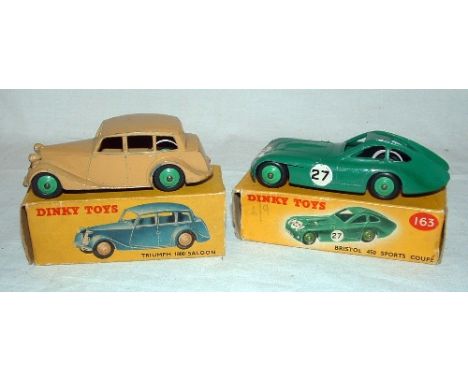 DINKY Toys 2 x Cars - 151 Fawn Triumph 1800 Saloon with Green Hubs and Black Base (Good in a Box missing all flaps at one end