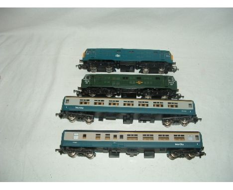 2 X HORNBY Class 29 Diesels - R084 BR Blue D6124 and R080 BR Green no D6110 and 2 x LIMA Mk2 White/Blue I/C Coaches. All Exce