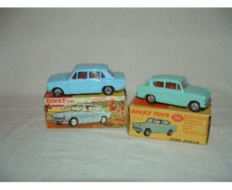 DINKY Toys 2 x Cars - 155 Turquoise Ford Anglia with Red interior and Spun Hubs (Excellent in a Fair Box with replacement out