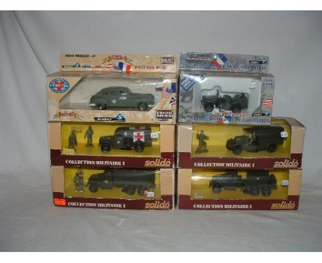 SOLIDO 6 x Military Models - 6001 GMC Compresseur, 6023 Renault, 6036 GMC Tolee, 6043 Dodge WC 54, an American Staff Car and 