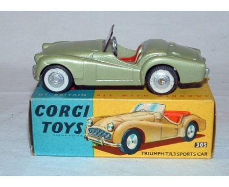 CORGI 305 Metallic Olive Green Triumph TR3 Sports Car with smooth Hubs. Hub Caps embellished otherwise Good Plus Boxed with L