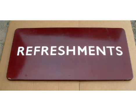 An enamel BR(M) Maroon Sign REFRESHMENTS - 36" x 12". Excellent.