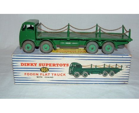 DINKY Supertoys 905 Green Foden with Type 2 Cab Flat Truck with Chains - Light Green Hubs and rounded chain posts. Grey Tyres