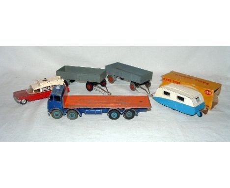 DINKY and CORGI Toys - Dinky - 190 Blue and White Caravan (Fair Plus in a Poor Box), 502 Foden Flat Truck 2nd Type Cab Dark B