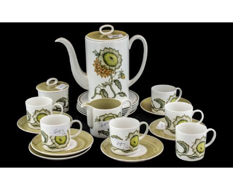 Susie Cooper Coffee Set 'Sunflower' Pattern, c2002,  comprising 6 coffee cans and saucers, 6 side plates, cream jug and sugar