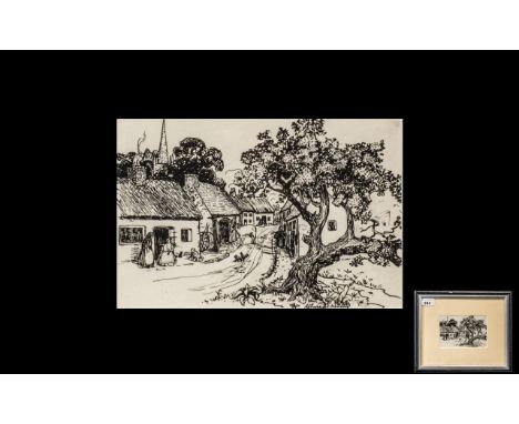 Robert James Enraght Moony (1879-1946) Pen and ink sketch depicting a village scene.  Measures 3.5" x 5.3", overall 9" x 10.8