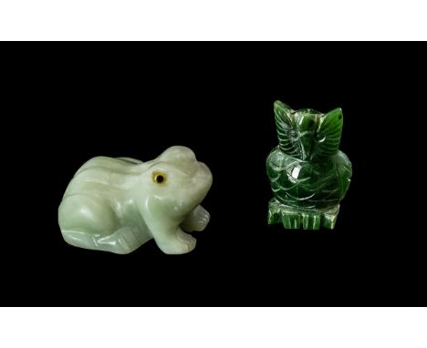 Early 20th Century Pair of Small Jade Figures, of a frog and owl.  Size of from 1.7/8" in length, size of owl 1.5".  Both fig