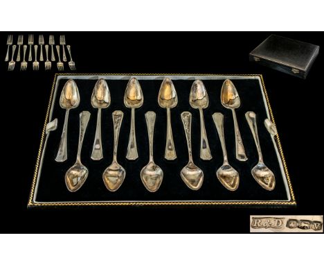 Art Deco Period Superb Quality Sterling Silver ( 24 ) Piece Grapefruit Set, Comprises 12 Spoons and 12 Forks, Complete with F