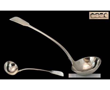 Irish 19th Century Superb Quality Sterling Silver Ladle of large proportion, 'Fiddleback' design.  Hallmark Dublin 1840, make