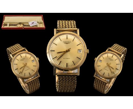 Longines - Automatic Gents 9ct Gold Wrist Watch with Attached 9ct Gold Mesh Bracelet. Hallmark Birmingham 1977. Features Cham