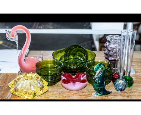 Collection of Glass Items, including a green glass fruit bowl and six matching small bowls, with an embossed grape design, a 