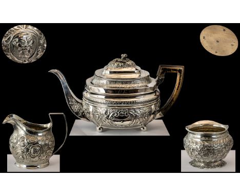 George III - Matched 3 Piece Stunning Silver Teaset of Pleasing Proportions, Silversmith Crispen Fuller. Comprises 1/ Teapot 