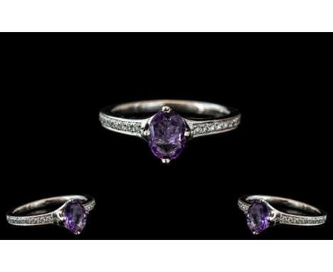 Platinum - Superb Quality Diamond and Amethyst Set Dress Ring. Marked 950 Pt to Interior of Shank. The Oval Shaped Faceted Am