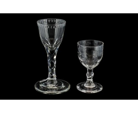 Two Small Antique Wine Glasses, one with an etched bowl, the other with a faceted stem, 5.5 inches (13.75cms) high (2)