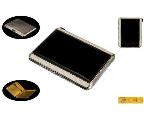 Art Deco Period Bright Cut Superb Quality Ladies Black &amp; White Enamel Sterling Silver Cigarette Case, gilt interior, hall