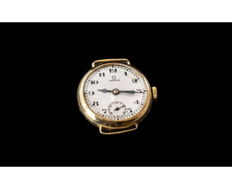9ct Gold Omega Wristwatch white enamelled dial, Arabic numerals with subsidiary seconds 27 mm case, fully hallmarked for Birm