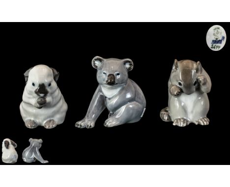 Bing and Grondahl Three Towers and Royal Copenhagen Trio of Hand Painted Porcelain Animal Figures. Comprises 1/ Kola Bear, Is