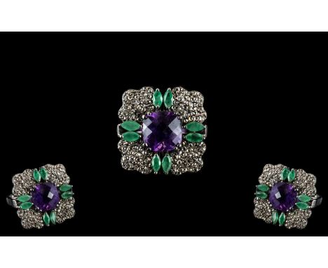 Blackened 925 Silver 3.70 Ct Amethyst Ring, with 1.42 Ct Rose cut Diamonds &amp; 1.08 Ct Emeralds. Ring Size M - N.