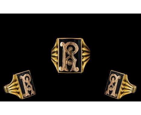 9ct Gold Gents Signet Ring, Black Enamel Panel With R Monogram To Centre, Stamped 9ct, Gross Weight 5.5g Ring Size R.