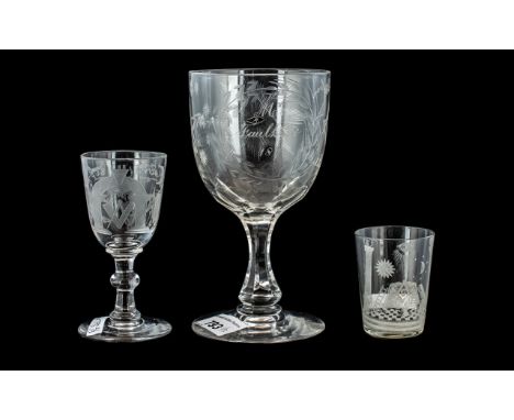 Masonic Interest - to include: Set of Three Etched Glasses, to include a large wine glass dated for 1871, A Victorian Masonic