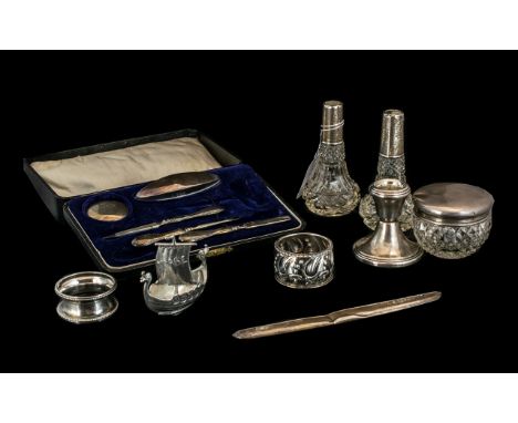 Mixed Collection to include Silver Backed Part Pedicure Set in Box, two silver napkin rings, silver filled candle holder, two