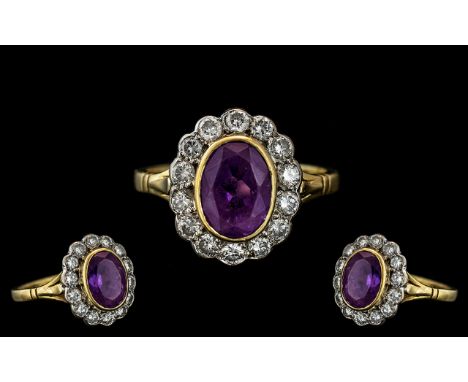 Ladies 18ct Gold - Excellent Quality Diamond and Amethyst Set Dress Ring - Flower head Design. Full Hallmark to Interior of S