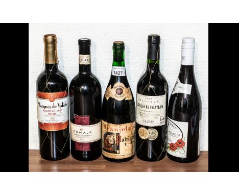 Collection of Five Bottles of Red Wine, comprising Beaujolais-Villages, Rioja 2003, Castillo de Calatrava 1998, Beaujolais Pa