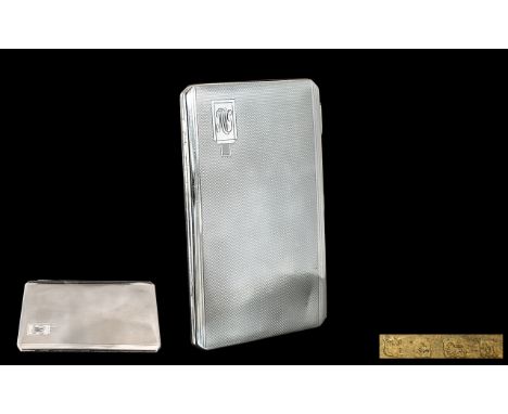 Art Deco Period Stylish Gents Heavy Sterling Silver Bright Cut Engine Turned Cigarette Case of slim proportions, silky and ex