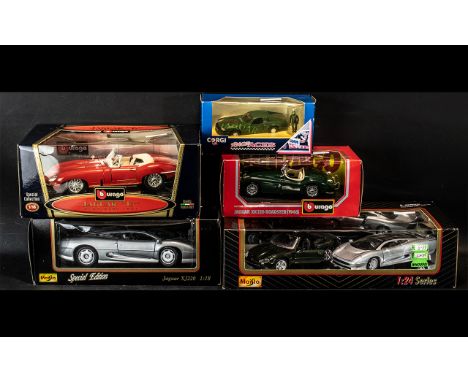 Five Die Cast Models, to include a Maisto Limited Edition Jaguar 220, Maitso twin pack with Jaguars, a Burago Jaguar E Cabrio