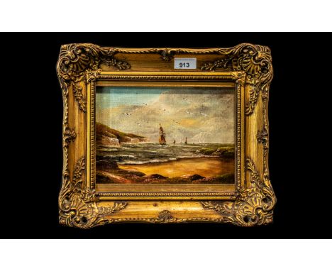 19th Century Oil on Canvas, indistinctly signed, depicting shipping off the coast, framed in a gilt swept frame with an inner