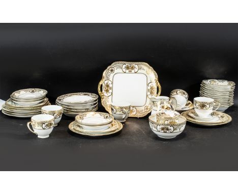 Noritake Tea Service 'Basket of Flowers' comprising five cups, saucers, salt and pepper, side plates and cake/sandwich plates