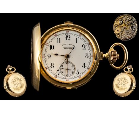 Swiss Made - 18ct Gold Superior Quality Key-less Minute Repeater Chronograph Full Hunter Pocket Watch, Marked 18kt. Features 