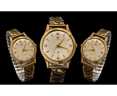Gents 9ct Gold Cyma Wristwatch cream dial with baton &amp; Arabic numerals, subsidiary seconds. 35mm 9ct gold case. Manual wi
