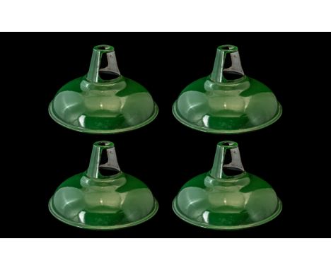 Collection of Four Matching Industrial Style Dark Green Metal Lamp Shades by Coolicon circa 1930's. with white interior, diam