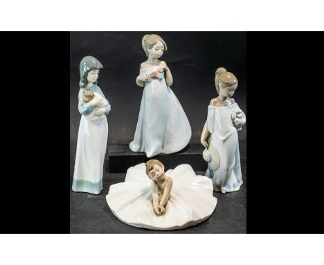 Collection of Nao by Lladro Figures, comprising a seated child ballerina, and three girls, one with a puppy, one holding a to