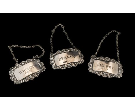 Early 20th Century Silver Decanter Labels. ( 3 ) Silver Decanter Labels and Chains. Whisky, Sherry and Brandy. c.1910's. Nice