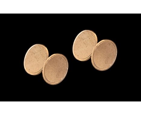 Pair Of Antique 9ct Rose Gold Cufflinks, Engine Turned Oval Fronts And Backs With Chain Fasteners, Fully Hallmarked, Makers M
