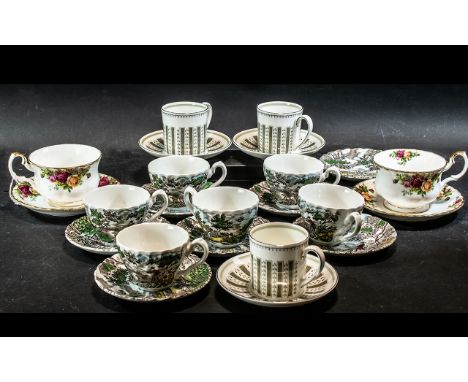 Royal Doulton 'Old Country Roses' two large tea cups and saucers, together with Myott 'The Hunter' six cups and saucers, and 