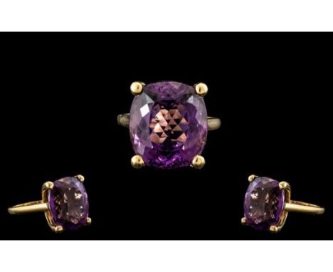18ct Yellow Gold - Superb Large Amethyst Set Ring. Marked 18ct to Interior of Shank. The Faceted Amethyst of Rich Deep Colour