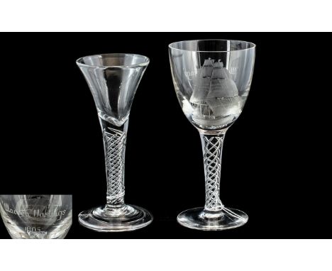 Commemorative Glass Rummer, etched to the bowl with a sailing ship named WARREN HASTINGS 1805, a ship of the East India Compa