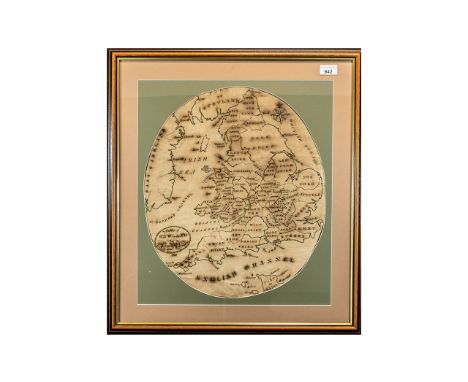 An Oval George III Sampler 'A Map of England 1808'.  Modern frame, measures 49 cm x 40 cm.