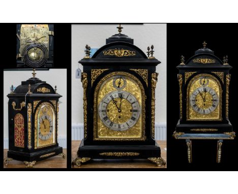 A substantial Victorian gilt metal mounted Ebonised Musical Bracket Clock, in the George II taste, 19cm arched brass dial, si