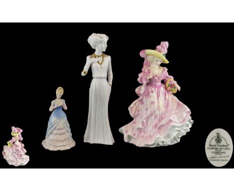 A Trio of Hand Painted Porcelain Figures. Comprises 1/ Royal Doulton Figurine ' Camellia's ' Flowers of Love Series. HN3701. 