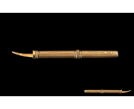 Antique 9ct Gold Propelling Tooth Pick, Engine Turned Body, Stamped S Mordan &amp; Co 9ct, Length When Opened 68mm