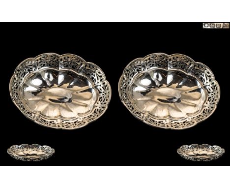 Walker and Hall Fine Quality Pair of Sterling Silver Open-work Bon Bon Dishes. Hallmark Sheffield 1904. Each Dish 4.5 Inches 